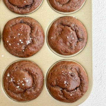 a few chocolate protein muffins in a baking tin.