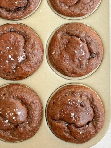 a few chocolate protein muffins in a baking tin.