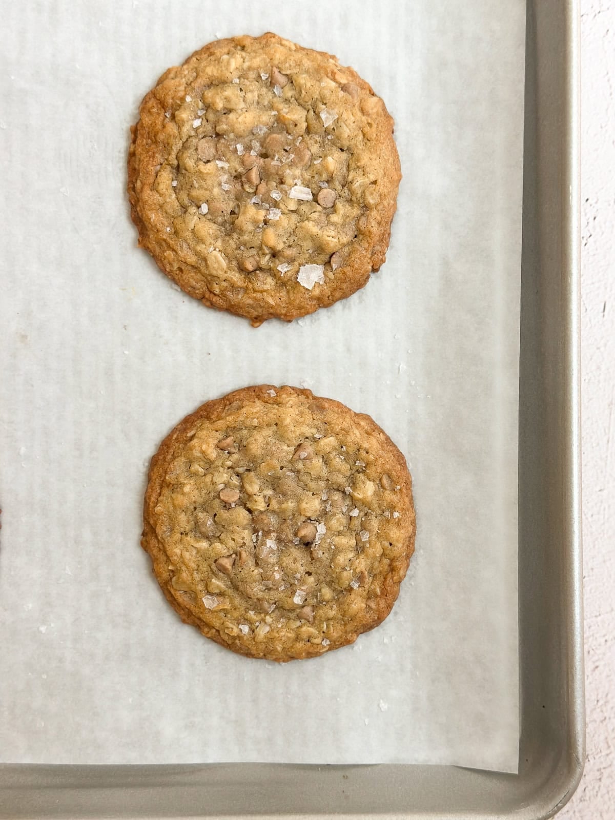 cinnamon chip oatmeal cookies after baking and topping with salt.
