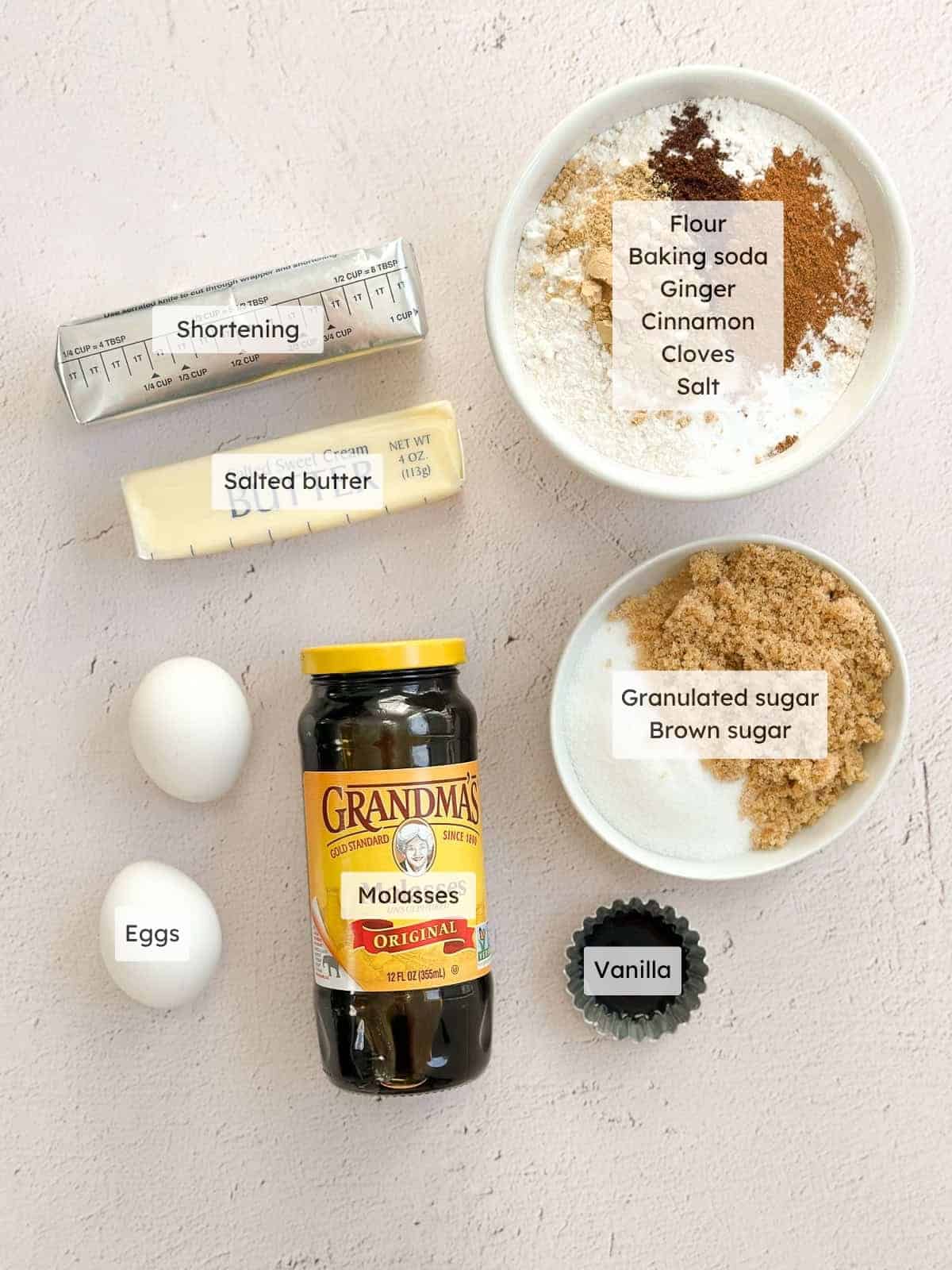 All of the ingredients needed to make my chewy ginger molasses cookies.