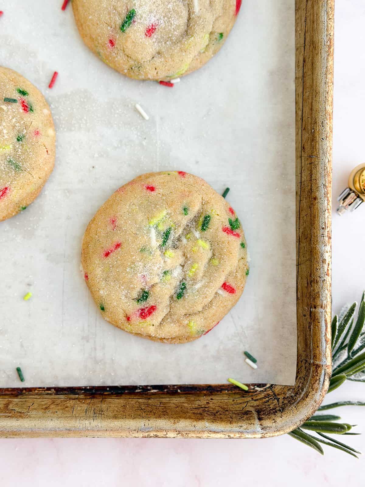 a freshly baked christmas sprinkle sugar cookie.