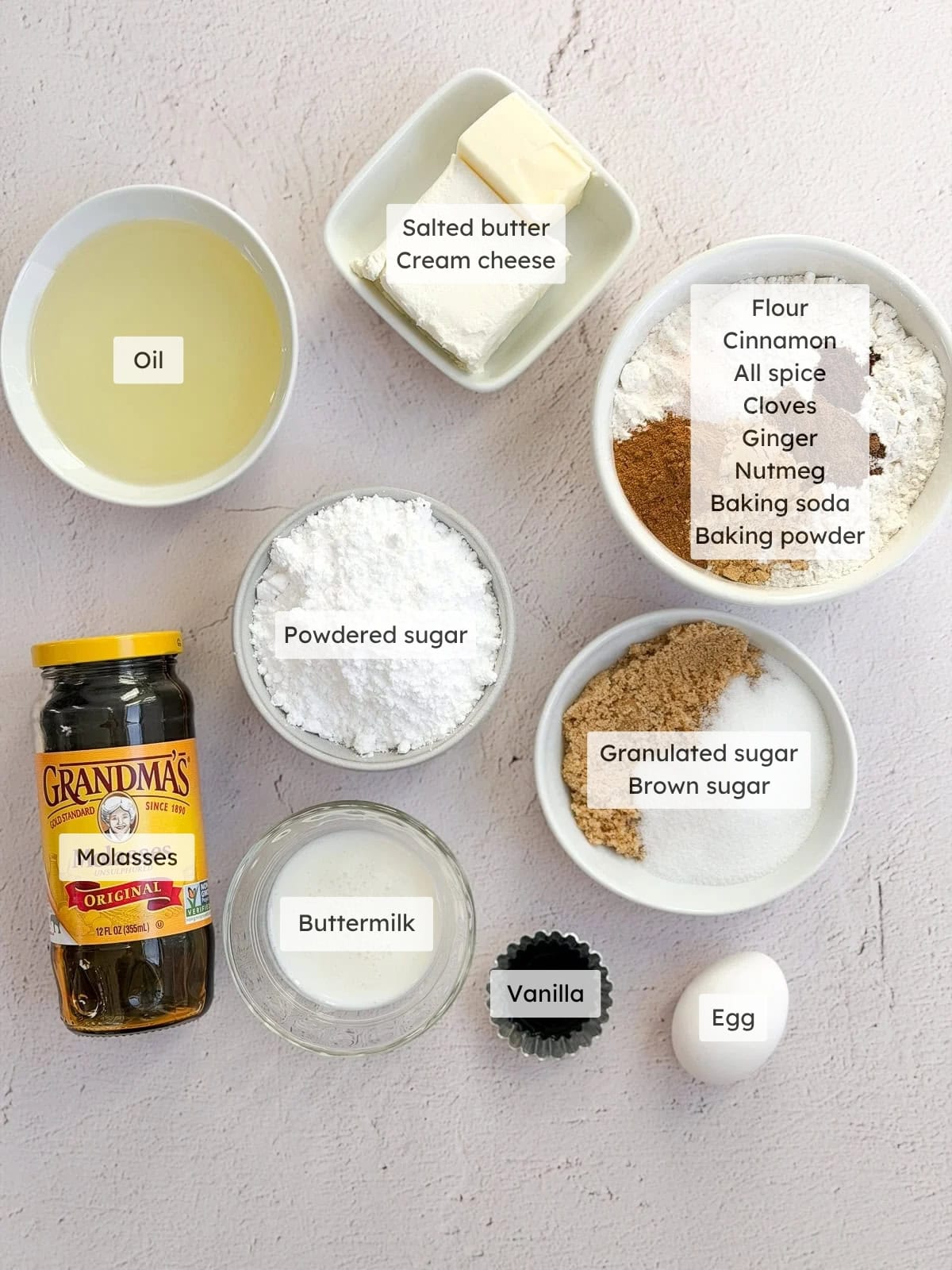 All of the ingredients needed to make gingerbread Whoopie pies.