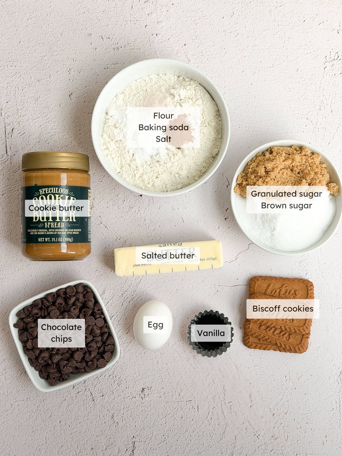 All of the ingredients needed to make Biscoff chocolate chip cookies.