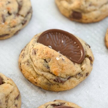 a close up of a chocolate orange cookie with a orange slice on top.