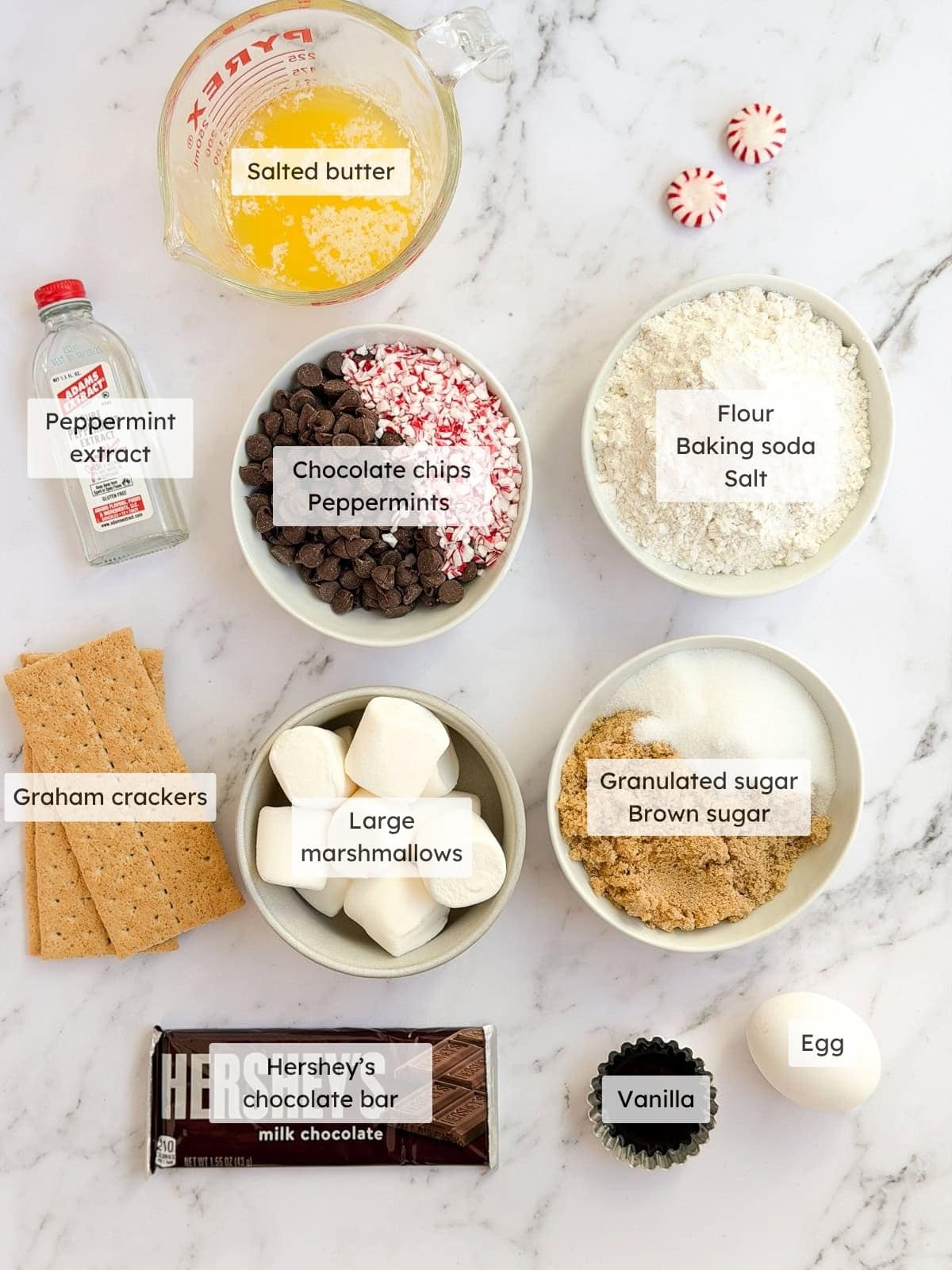 All of the ingredients needed to make chocolate peppermint s’mores cookies.