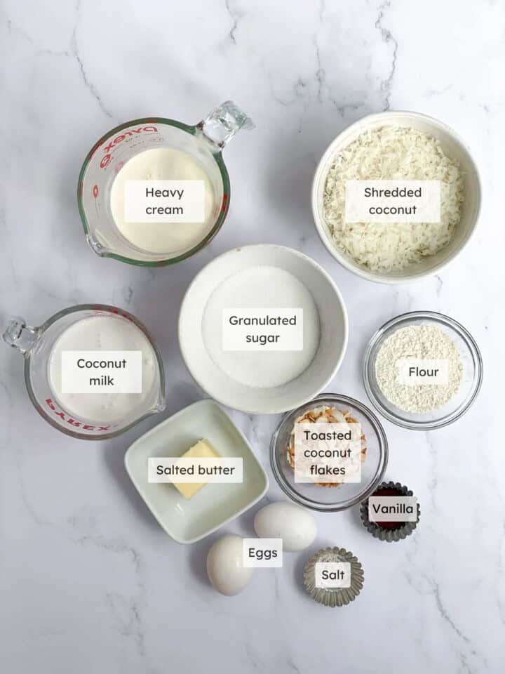 All of the ingredients needed to make the best coconut cream pie.