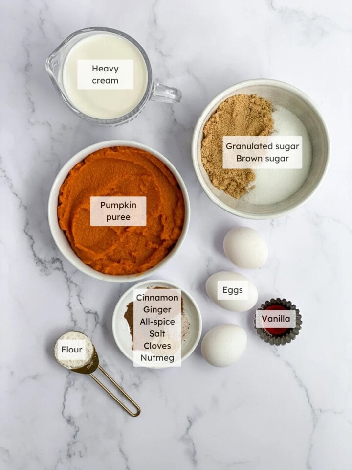 All of the ingredients needed to make the best easy pumpkin pie.