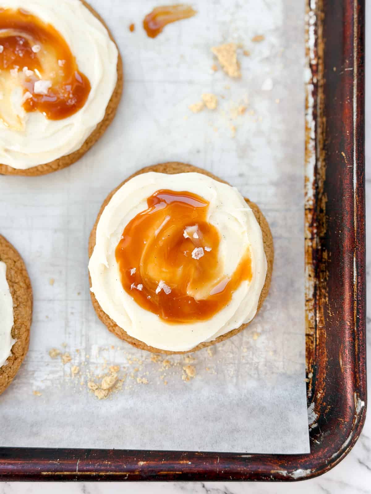 the cookies after being topped with frosting and caramel.