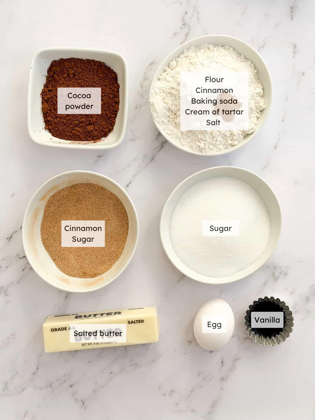 All of the ingredients needed to make chocolate snickerdoodles.