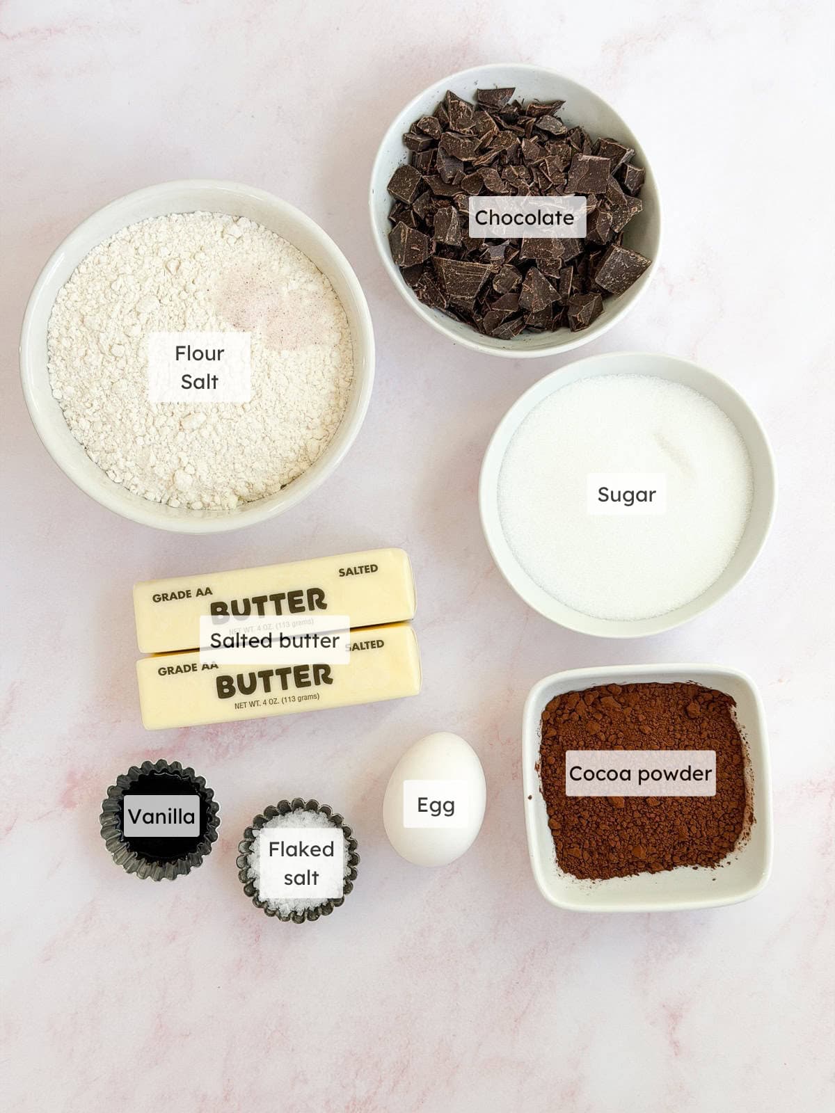 All of the ingredients needed to make chocolate shortbread.