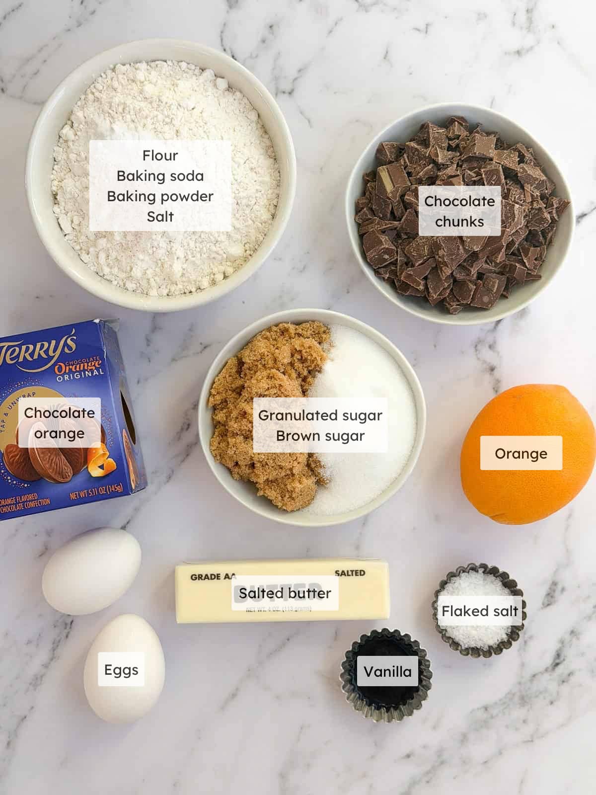 All of the ingredients needed to make my chocolate orange cookies.