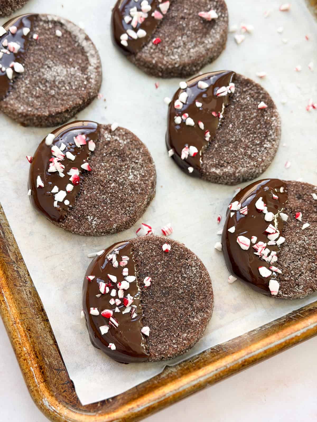 chocolate shortbread cookies topped with peppermint candies.