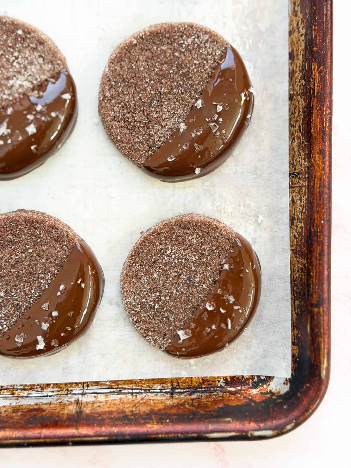chocolate shortbread cookies on a baking sheet.