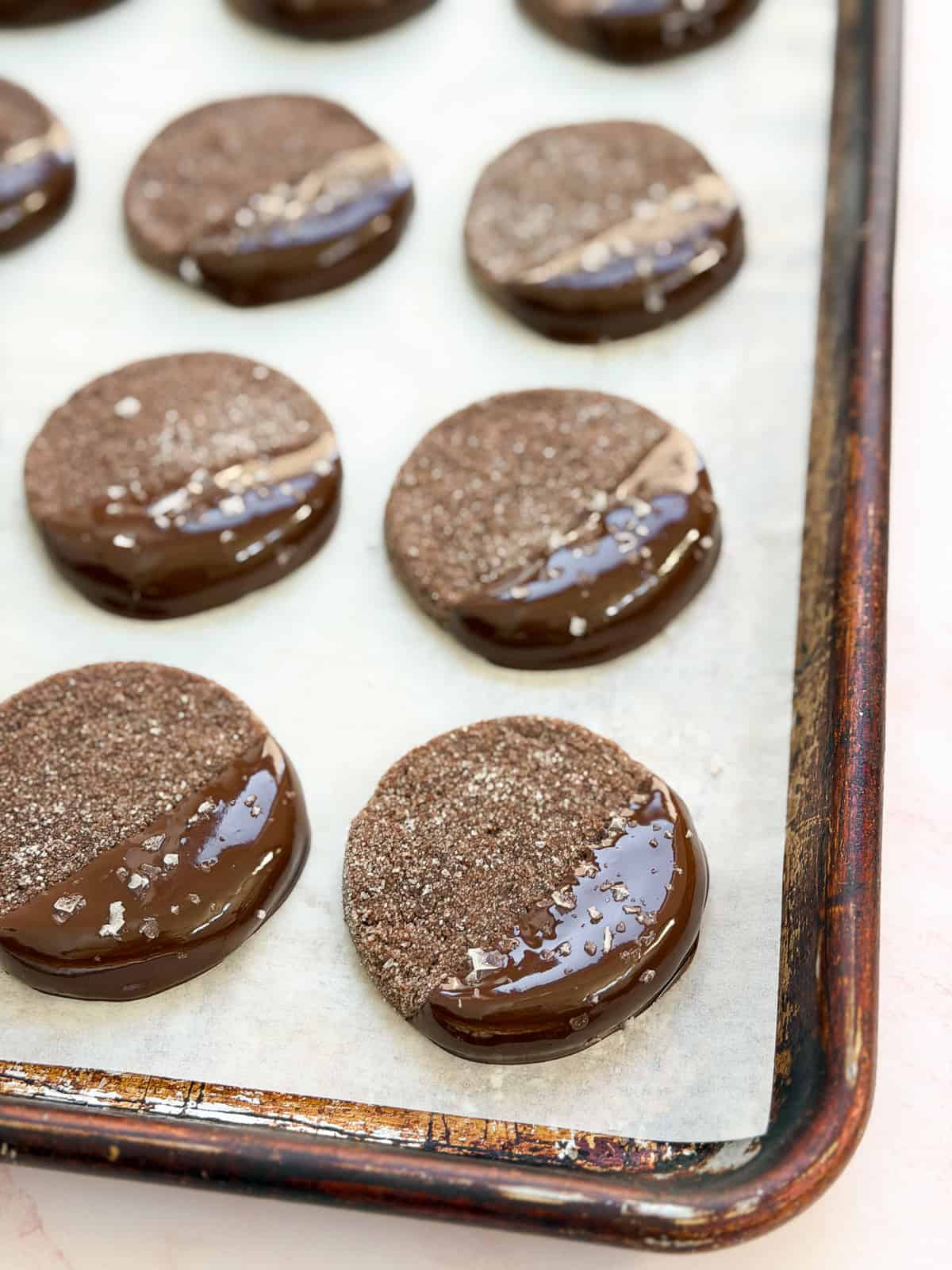 a side view of the chocolate shortbread just dipped in chocolate.