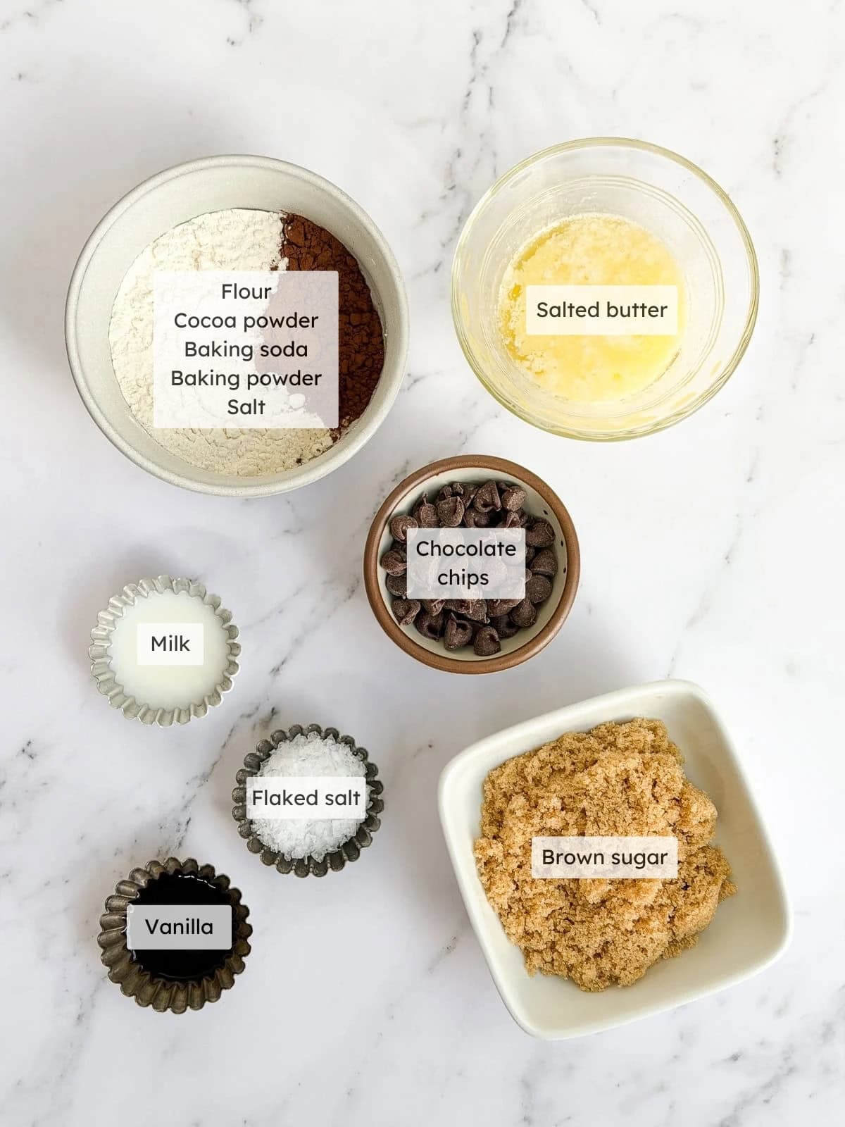 All of the ingredients needed to make my single serve double chocolate cookie.