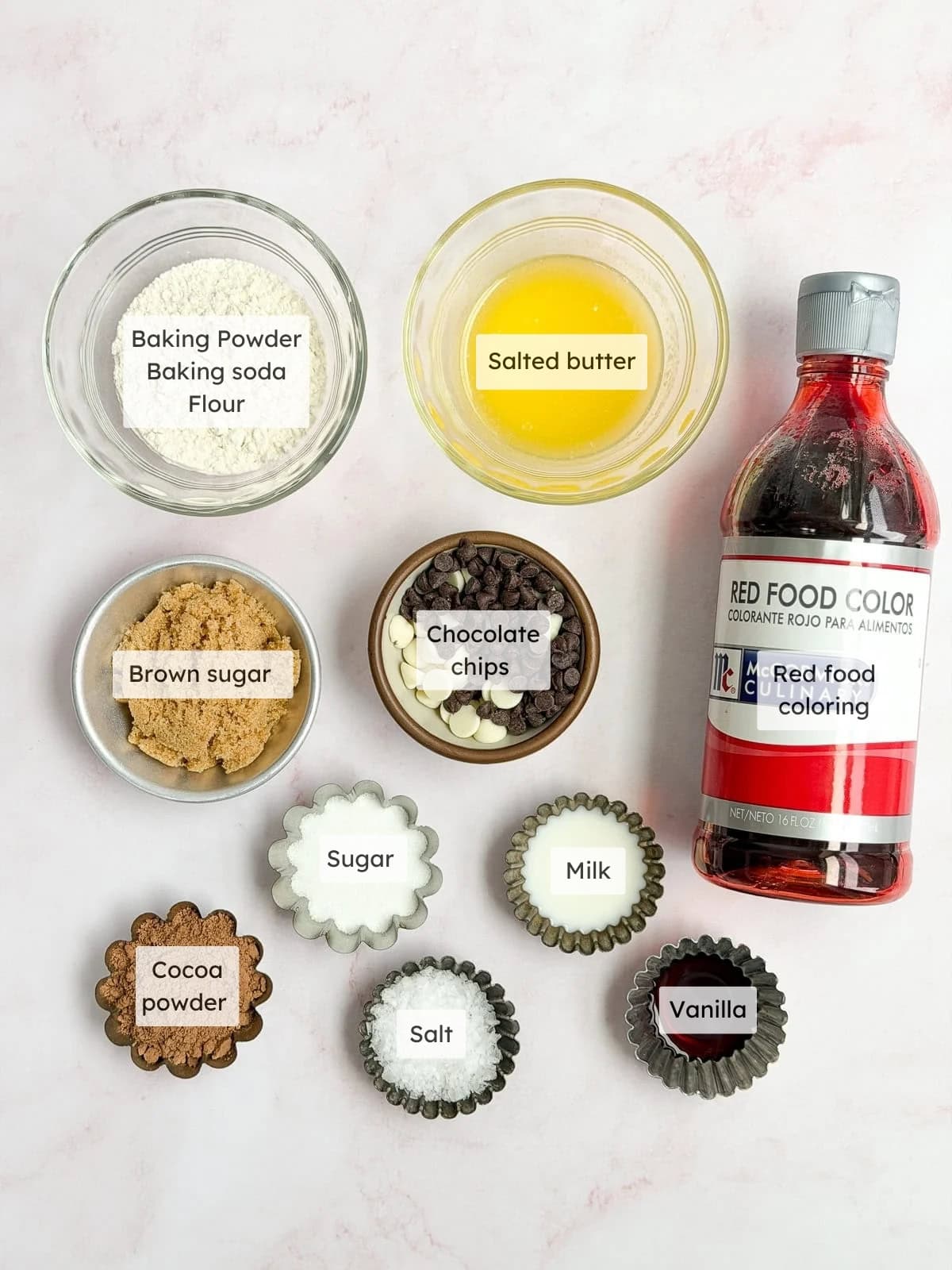 All of the ingredients needed to make single serve red velvet cookie.