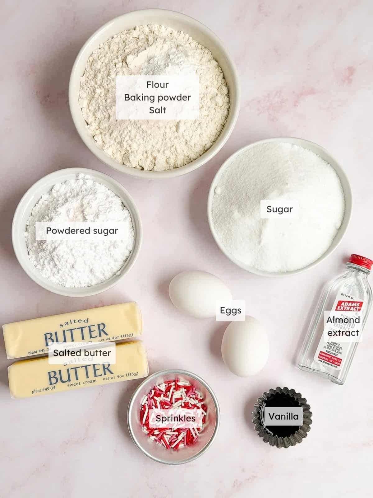 All of the ingredients needed to make chewy sugar cookie bars.
