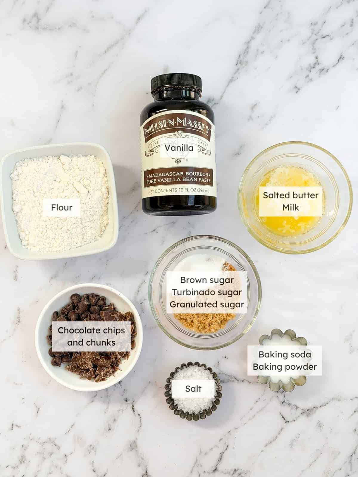 All of the ingredients needed to make single serve chocolate chip cookie.