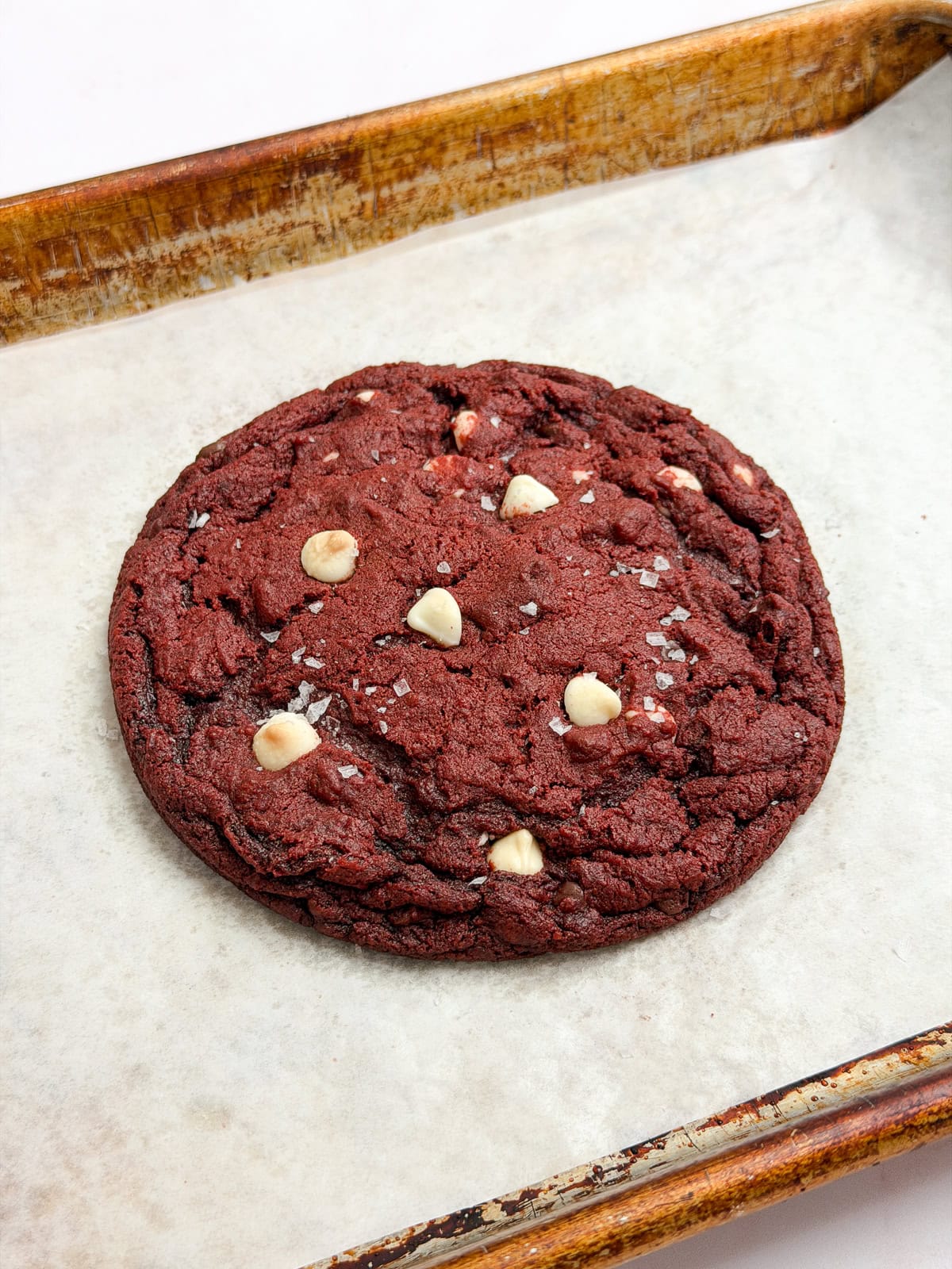 a side view of this single serve red velvet cookie.