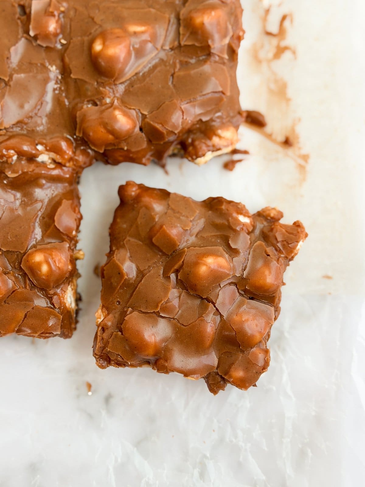 a close up top view of a peanut butter marshmallow brownie.