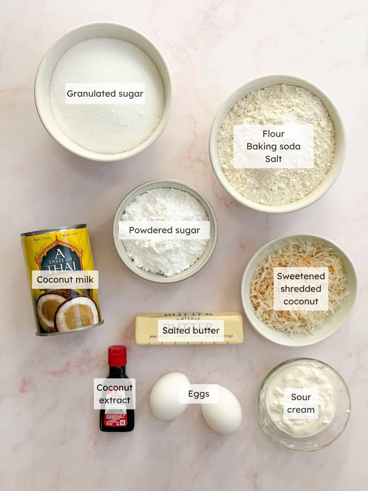 All of the ingredients needed to make coconut sheet cake.