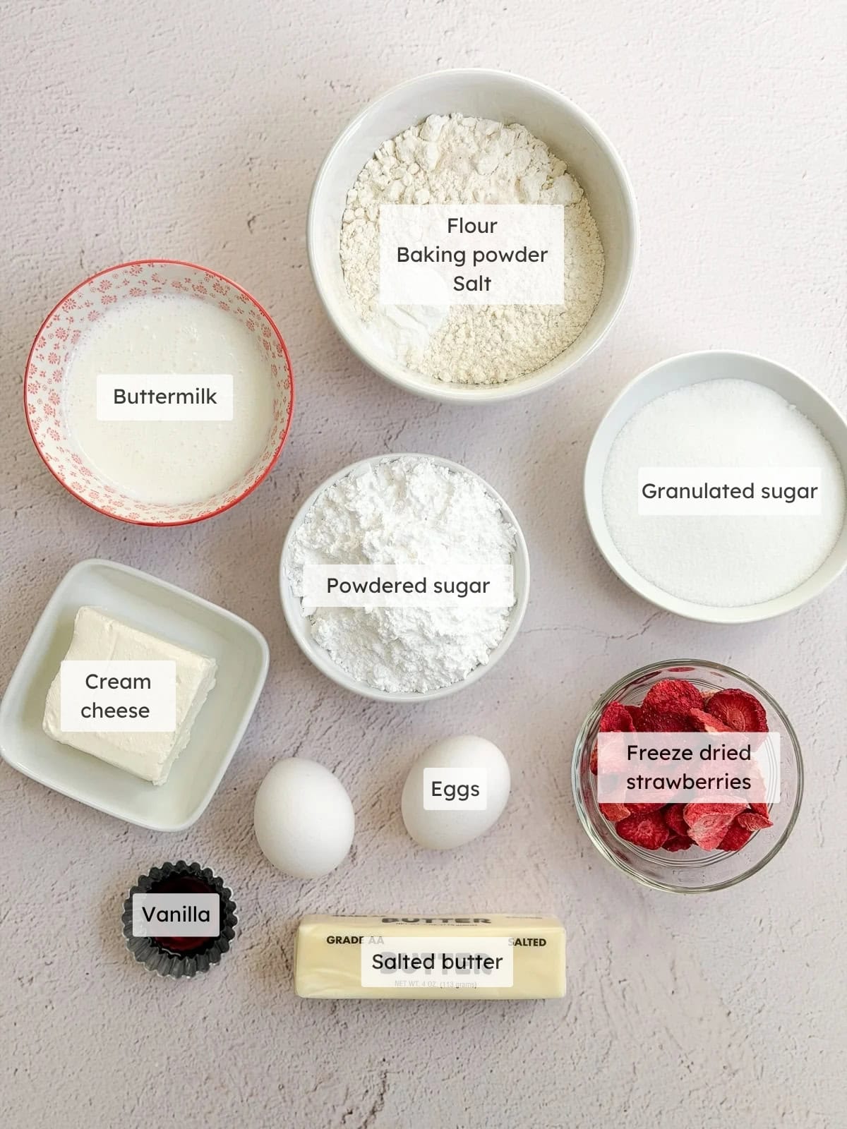 All of the ingredients needed to make strawberry snack cake.