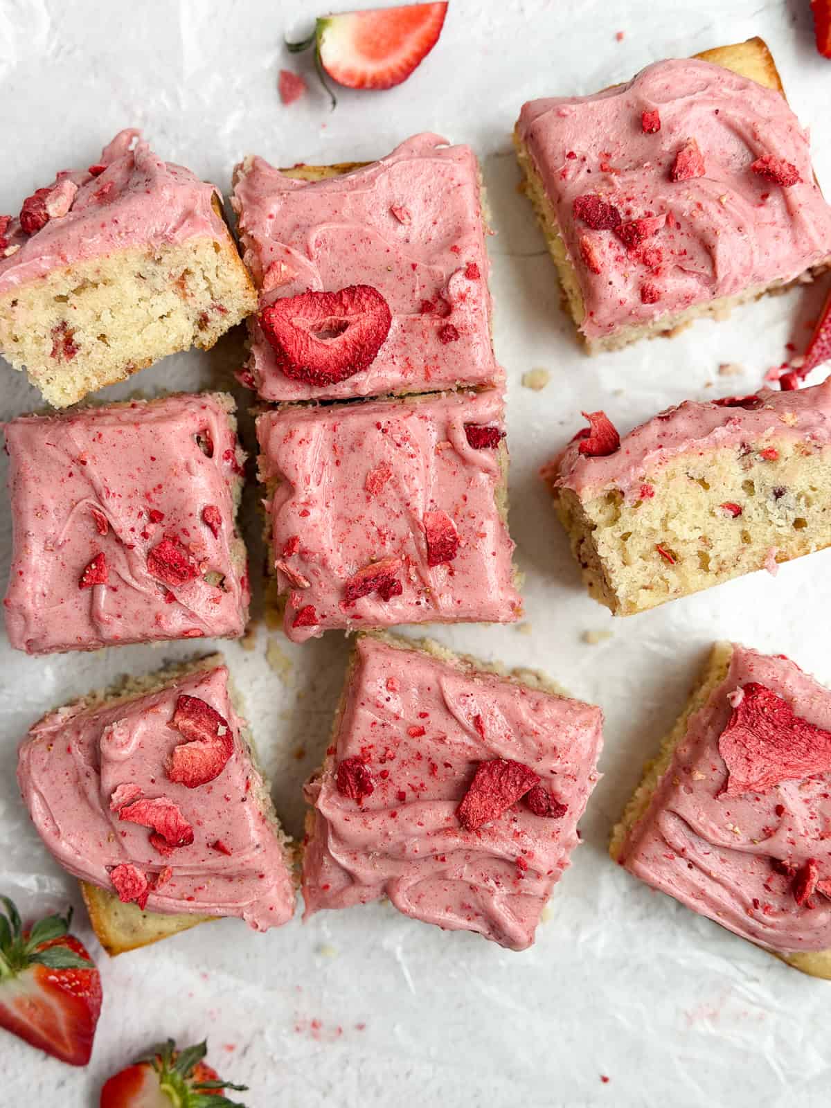 the whole strawberry snack cake cut into squares.
