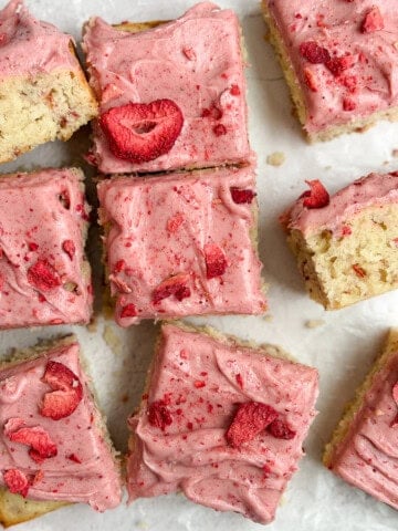 the whole strawberry snack cake cut into squares.