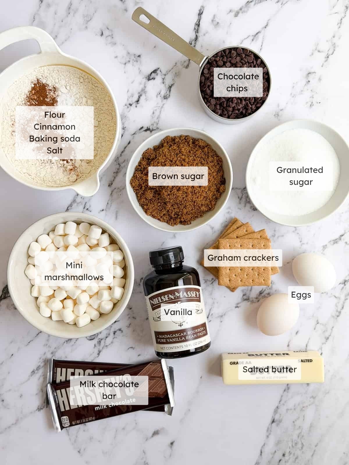 All the ingredients needed to make graham cracker s’more cookies.