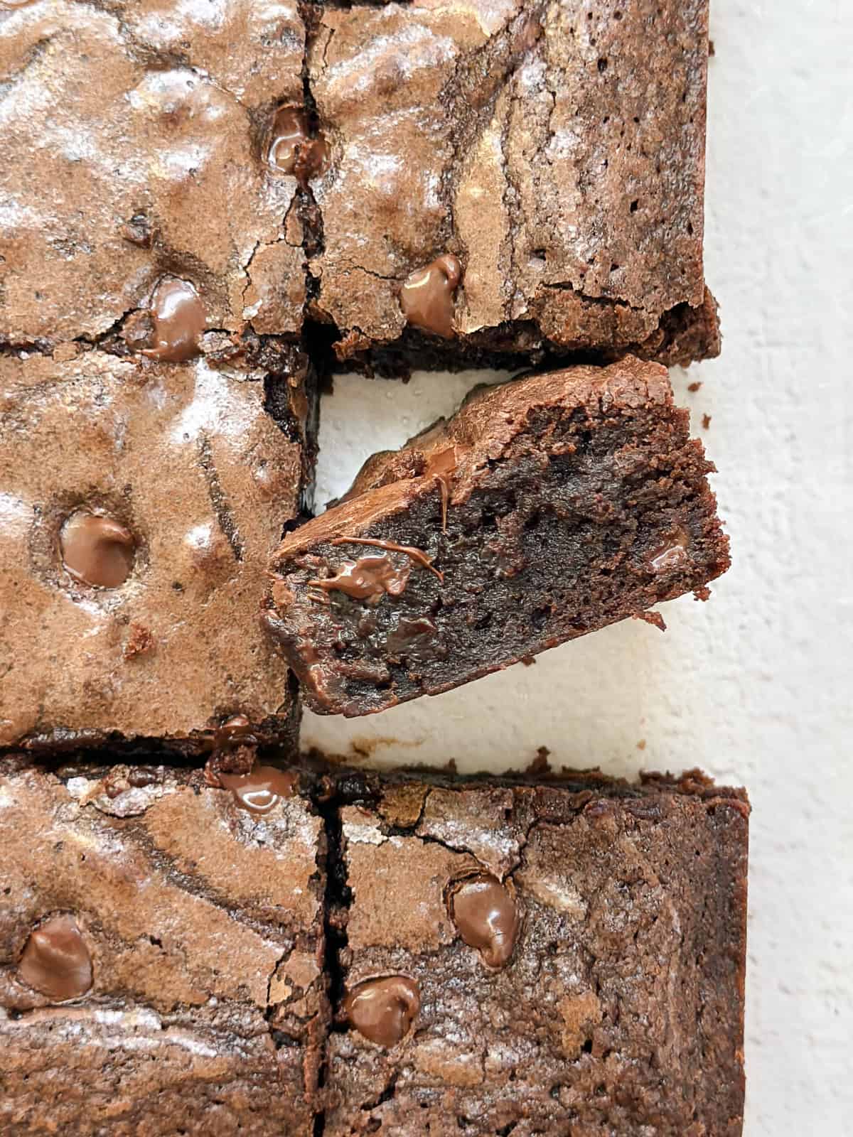 one of the double fudge brownies turned on it's side to see the inside texture.
