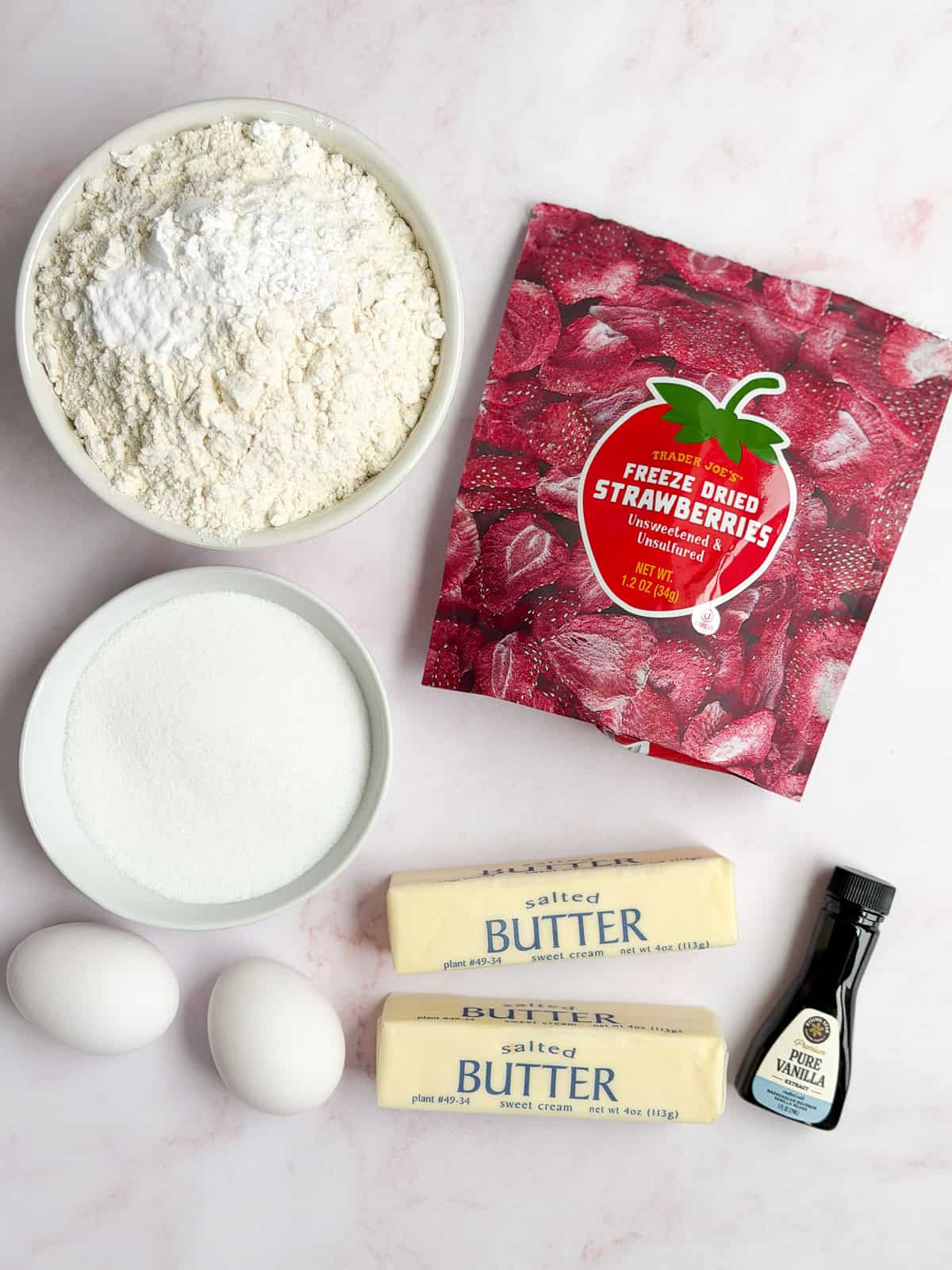 all the ingredients needed to make these strawberry doodle cookies.