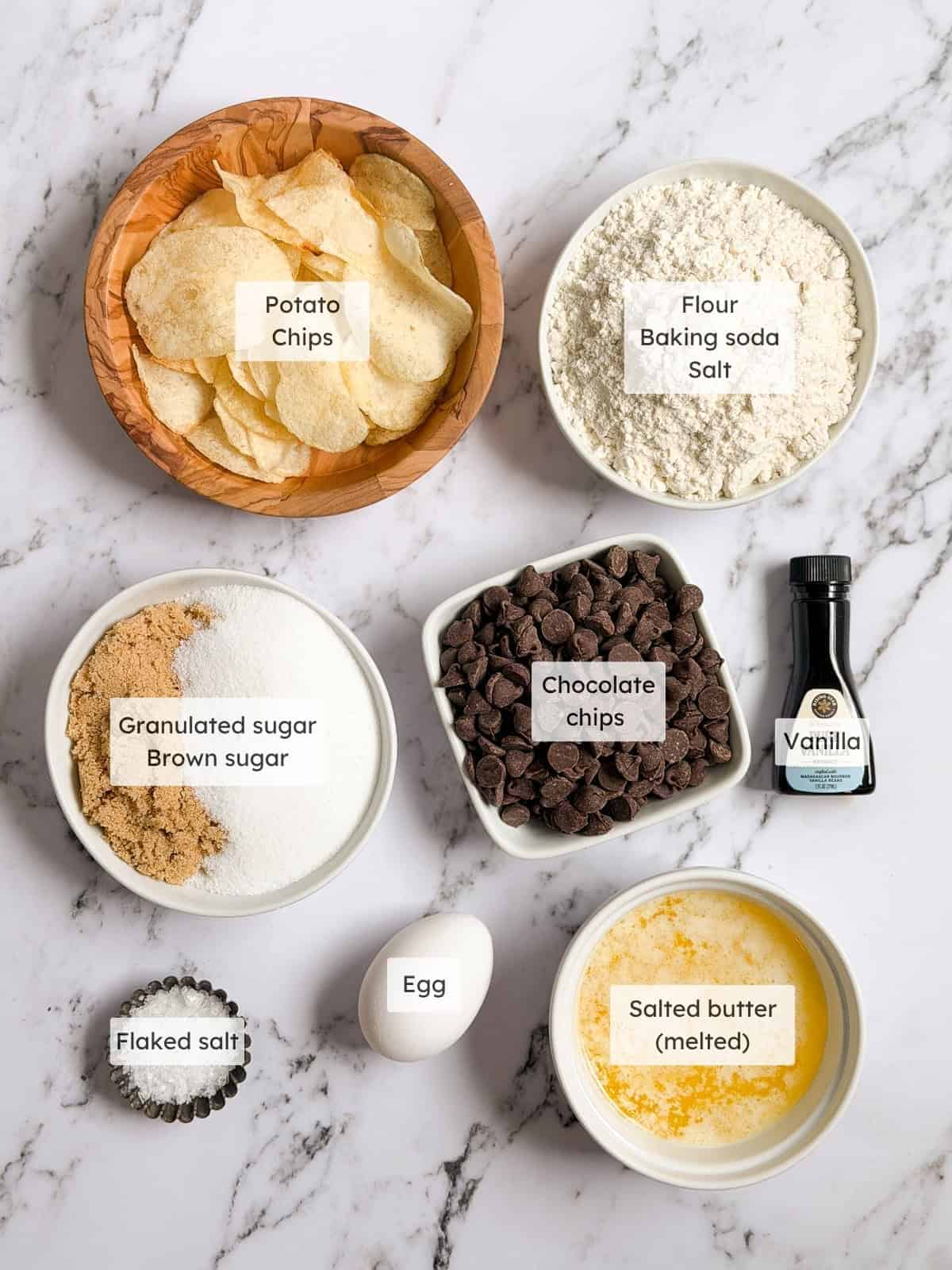 All of the ingredients needed to make my chocolate chip potato chip cookies.