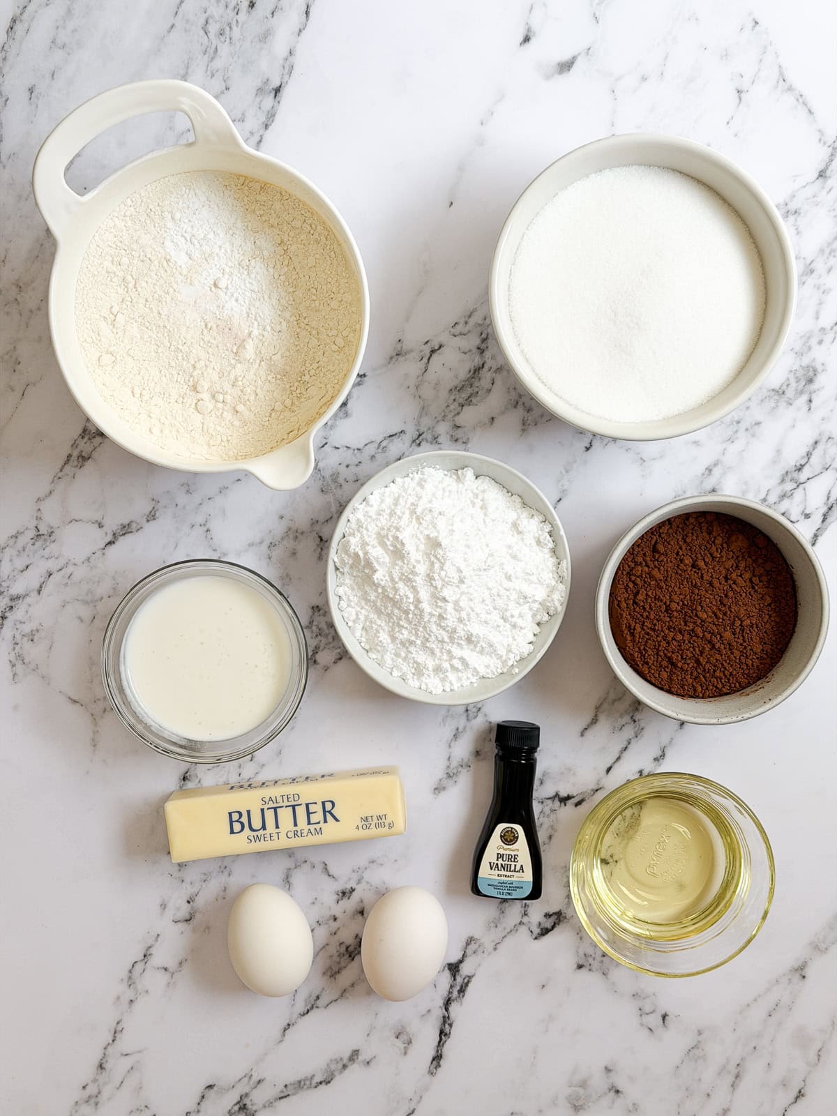 all the ingredients needed to make this marble bundt cake.