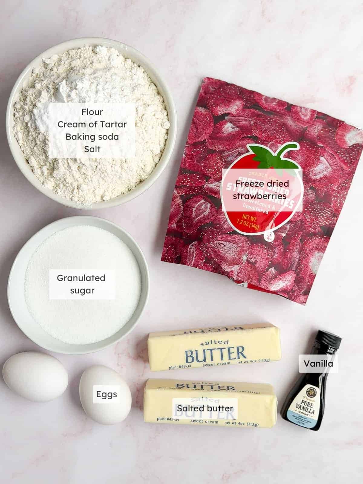 All of the ingredients needed to make my strawberry doodle cookies.