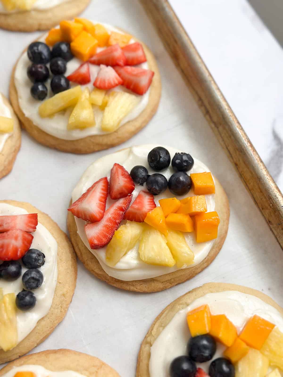a sude view of the sugar cookie fruit pizza cookies.