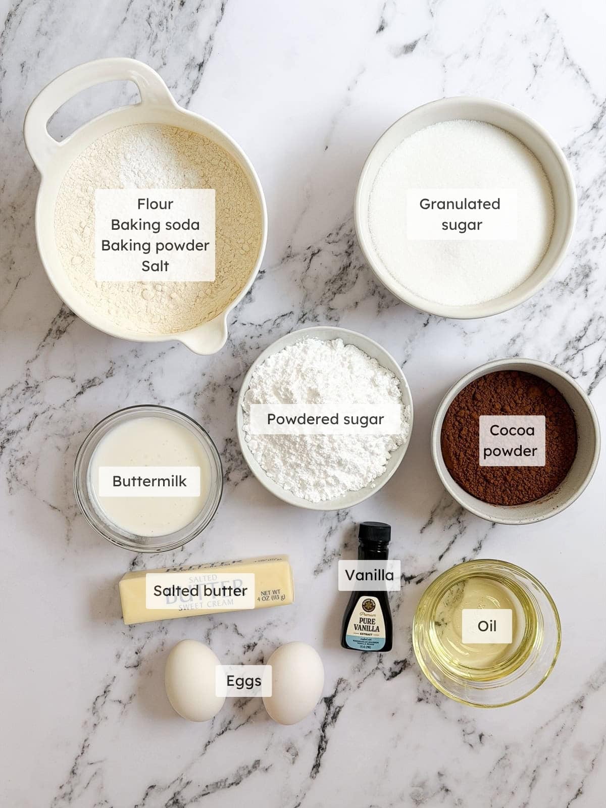 All of the ingredients needed to make my marble bundt cake.