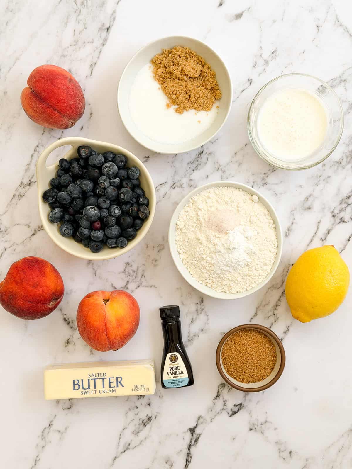 all the ingredients needed to make this blueberry peach cobbler