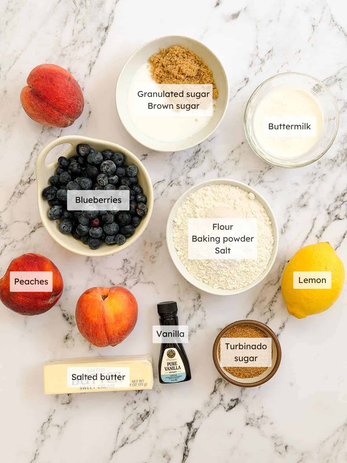 All of the ingredients needed to make my blueberry peach cobbler.