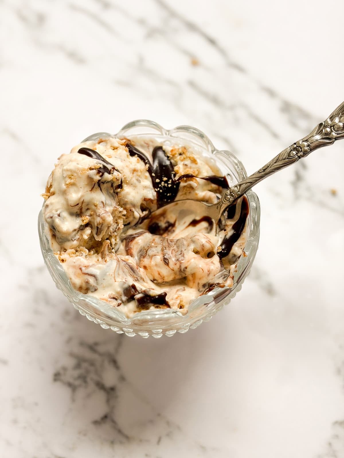 a bowl of homemade s'mores ice cream with extra hot fudge.