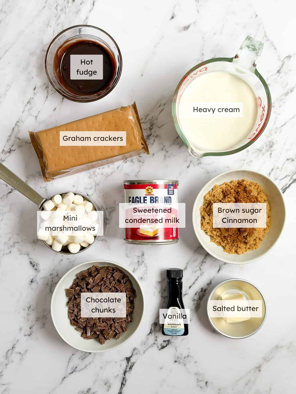 All of the ingredients needed to make homemade s'mores ice cream.