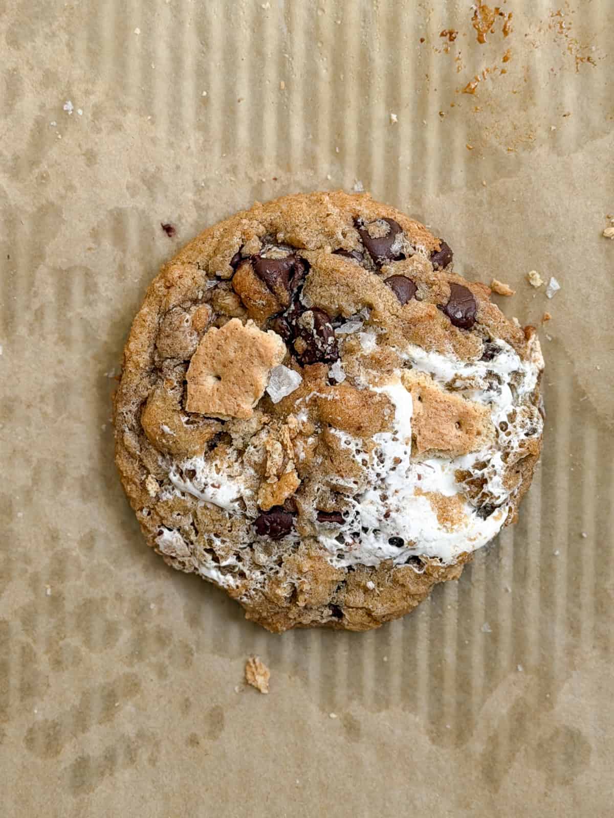 a closeup of a single brown butter s'mores chocolate chip cookie.