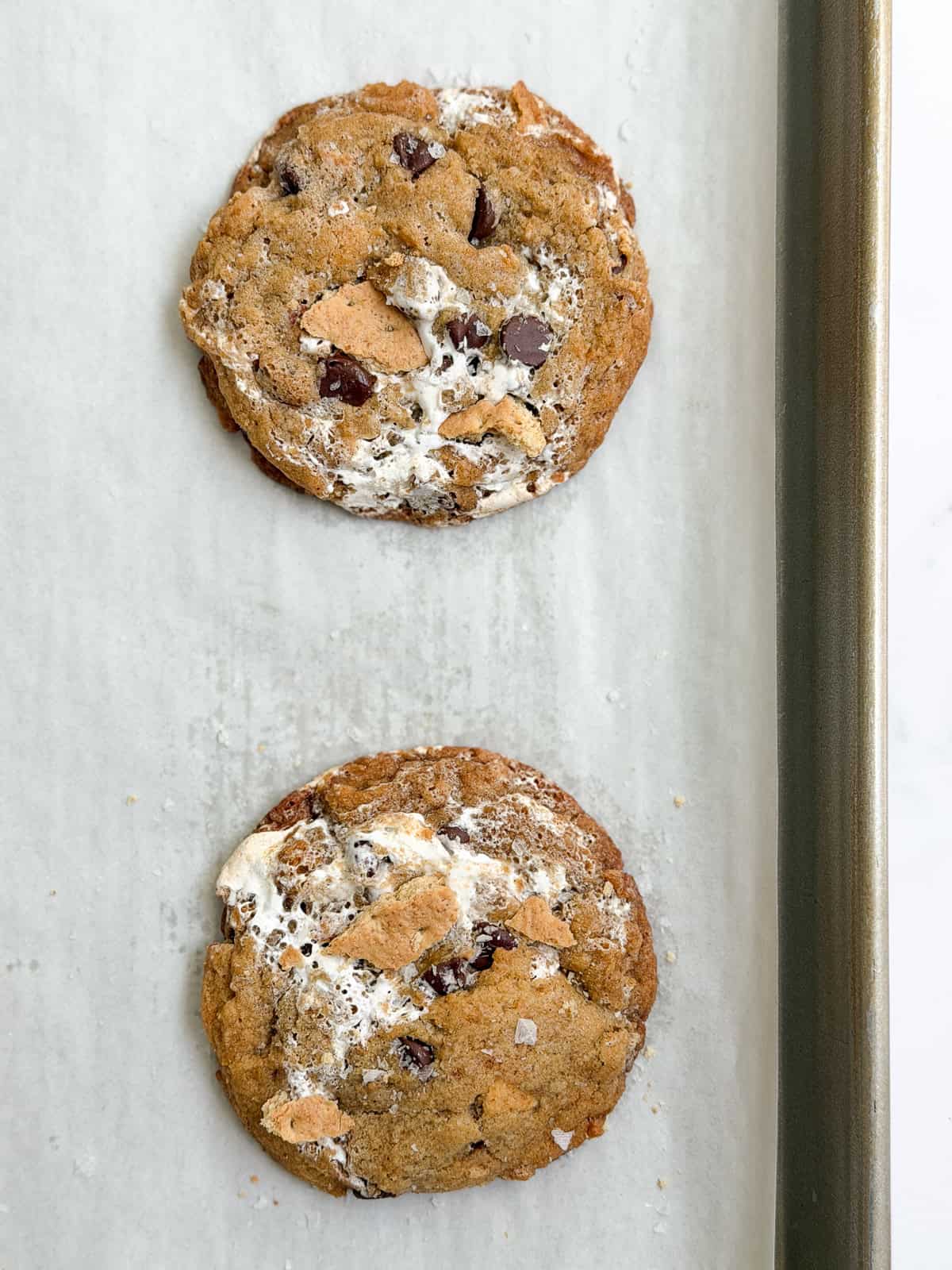 fresh brown butter s'mores chocolate chip cookies after baking.