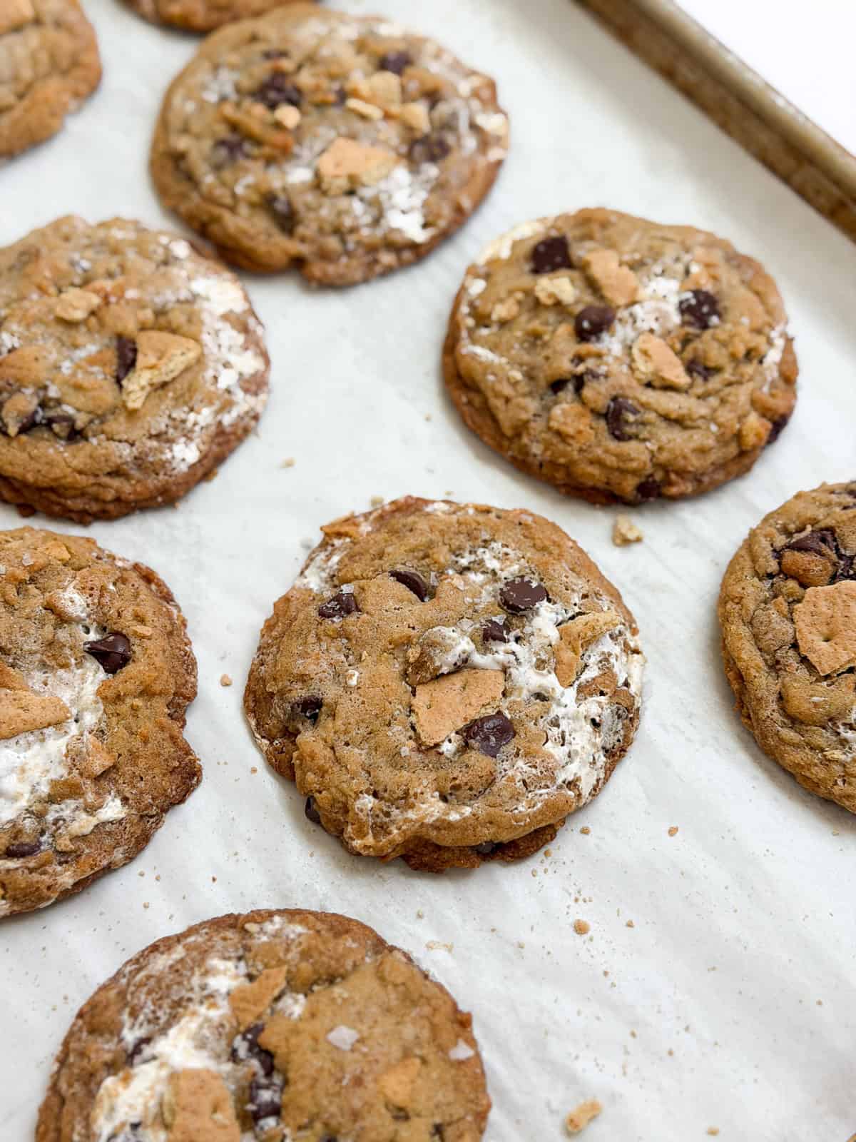 a sheet pan of brown butter s'mores chocolate chip cookies.