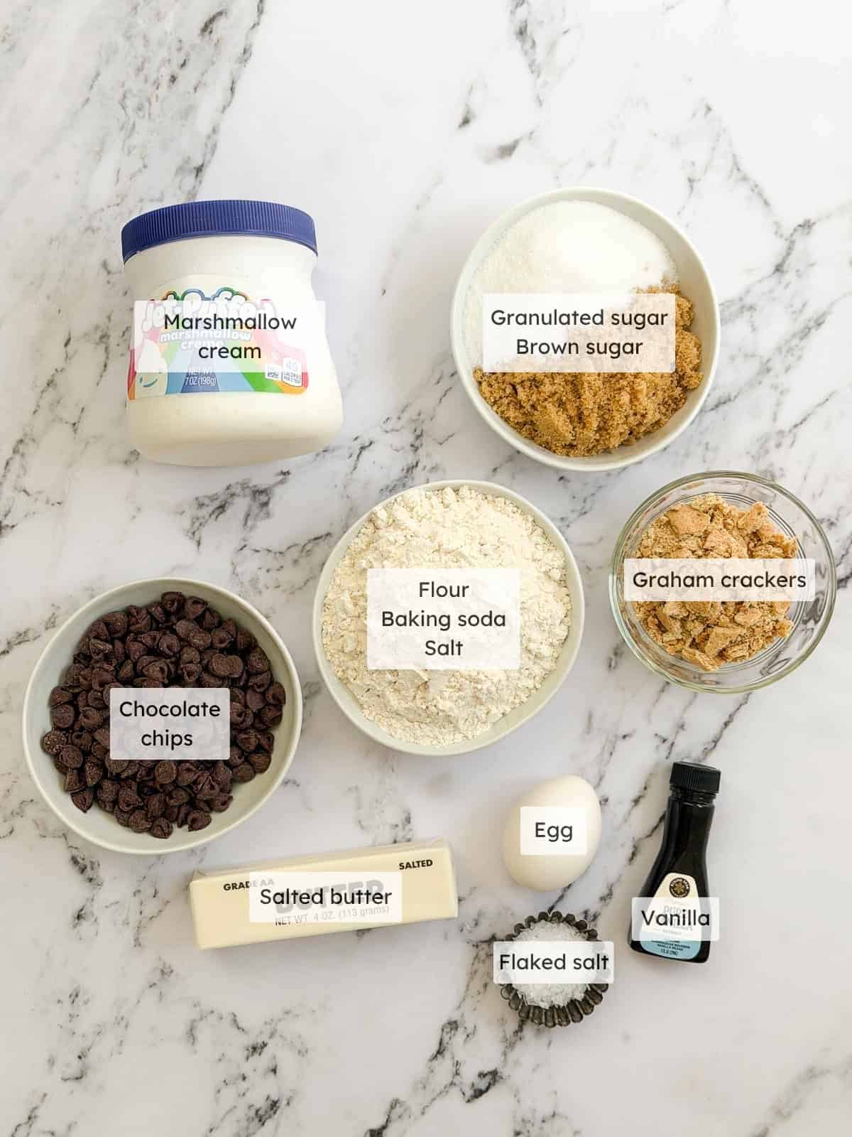 All of the ingredients needed to make brown butter chocolate chip s'mores cookies.
