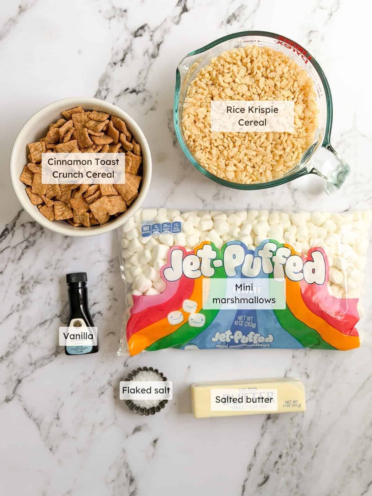 All of the ingredients needed to make Cinnamon Toast Crunch treats.