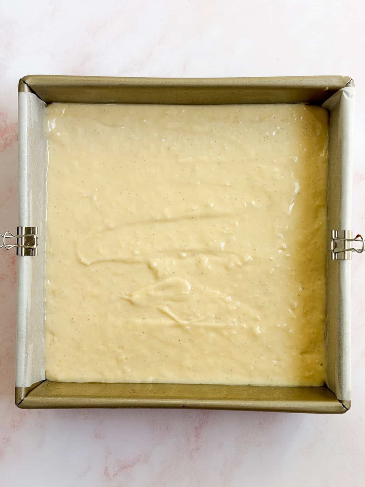 batter in the cake pan before baking.