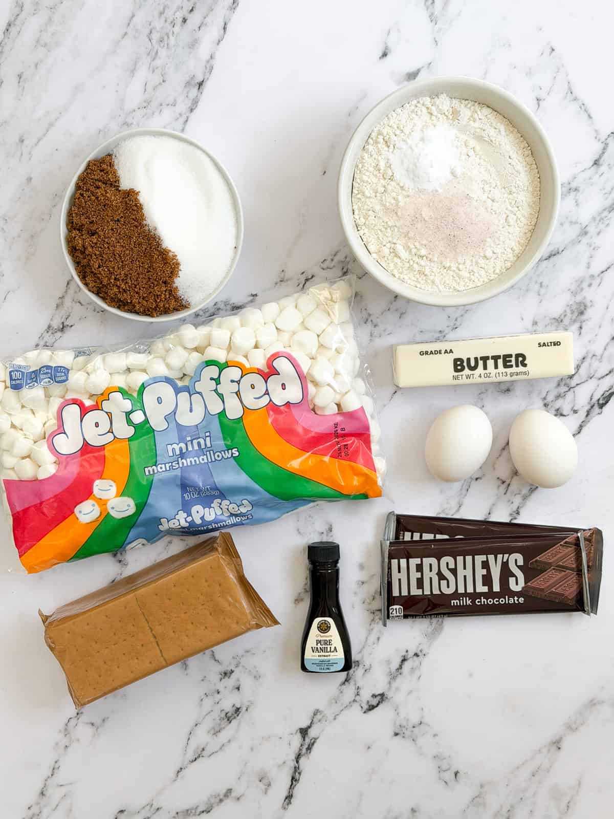 all the ingredients needed to make these s'mores cookie bars.