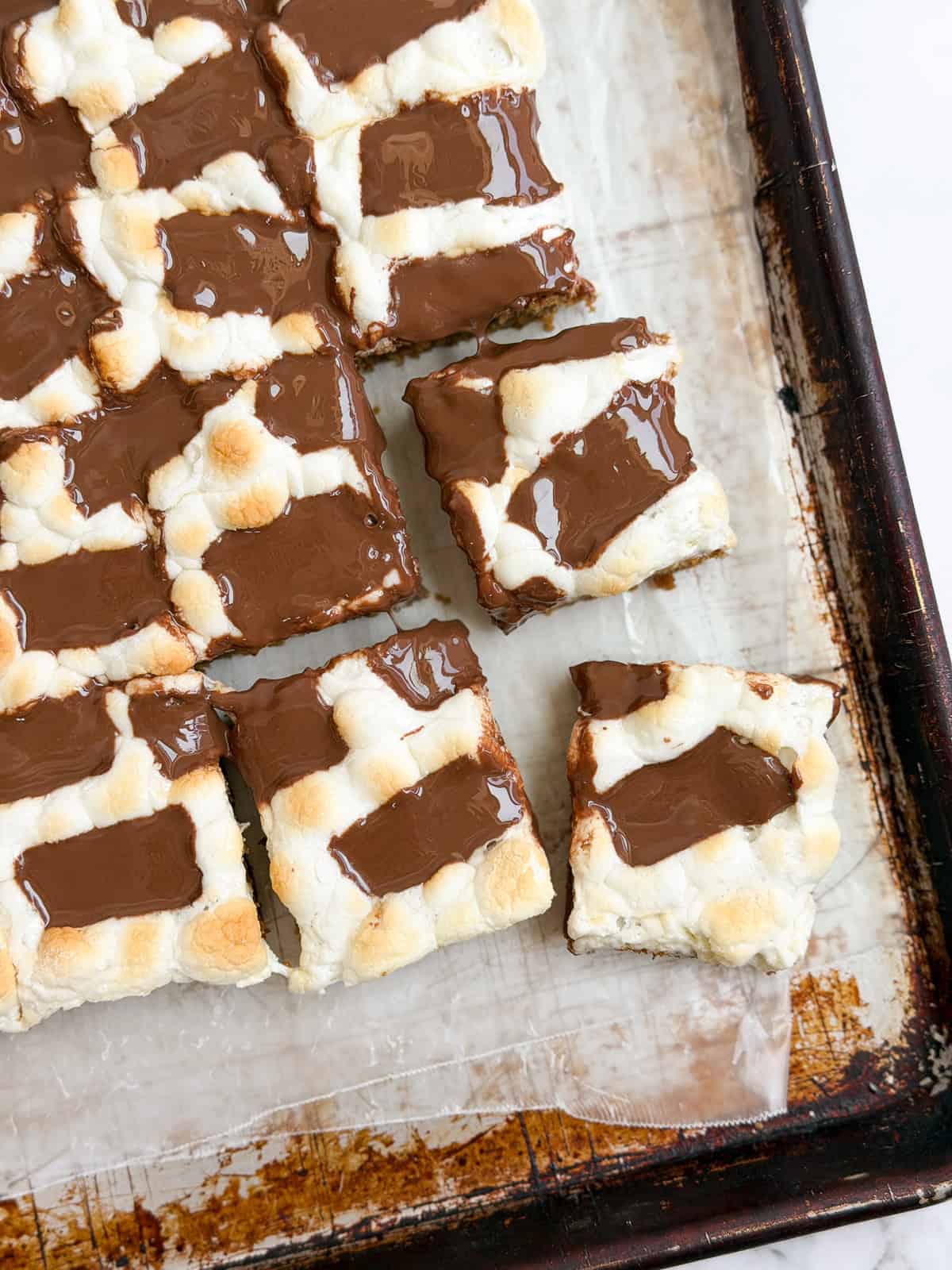 s'mores cookie bars cut into squares.