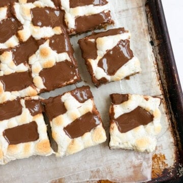 s'mores cookie bars cut into squares.