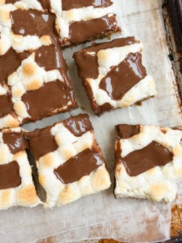 s'mores cookie bars cut into squares.